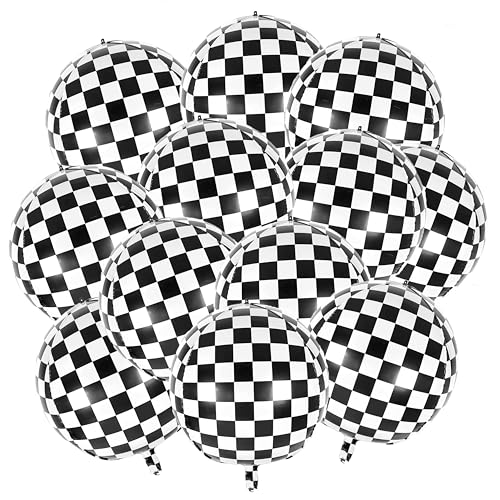 Image of 12 Pcs Checkered Balloons, 22 Inch Checkered Round Foil Balloons, Black and White Checkerboard Mylar Sphere Balloons for Race Car Birthday Party Decorations Supplies (12 Pcs)