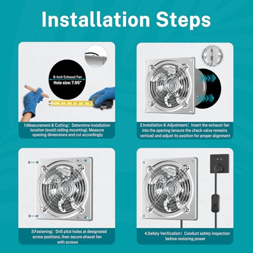 HG Power 8 Inch Kitchen Exhaust Fan, 576CFM Metal Attic Exhaust Fan, Wall Mounted Garage Ventilation Fan, Basement Extractor Fans with Backdraft Damper for Home Office Commercial Use, Silver - Thumbnail 4