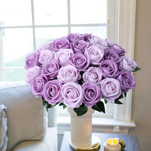 Image of INSPRING 50 PCS Purple Roses Artificial Flowers with Long Stems | Real Looking, Fake Roses, Silk Flowers, DIY Bouquet, Wedding Party Celebration Home Bridal Decoration Gift, for Her Wife