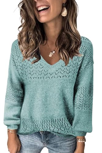 Image of JOCAFIYE Sweaters for Women Casual Long Sleeve V Neck Lightweight Hollow Out Pullover Sweater Tops