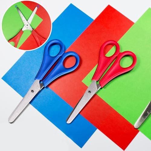 2 Stück Kinderschere, Schere Schule Bastelschere Kinder, Kinderscheren Schere mit Stumpfer Spitze Lernschere mit Skala, Kunststoffgriff Abgerundete Spitzen Scheren DIY Handwerk