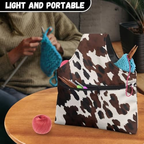 Image of KUIFORTI Cow Print Yarn Bag Kniting Wrist Bag Large Yarn Bags for Crocheting on The Go, Crochet Accessories Knitting Needles Holder Bag