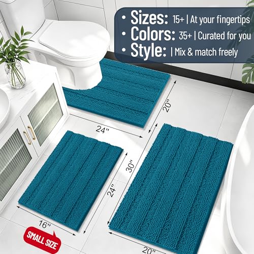 Image of Smiry Thick Chenille Bathroom Runner Rugs 44x24, Extra Absorbent Striped Bath Mat, Machine Washable, Rubber Backing, Long Bath Rugs for Tub & Shower, Modern Home Decor Accessories, Peacock Blue
