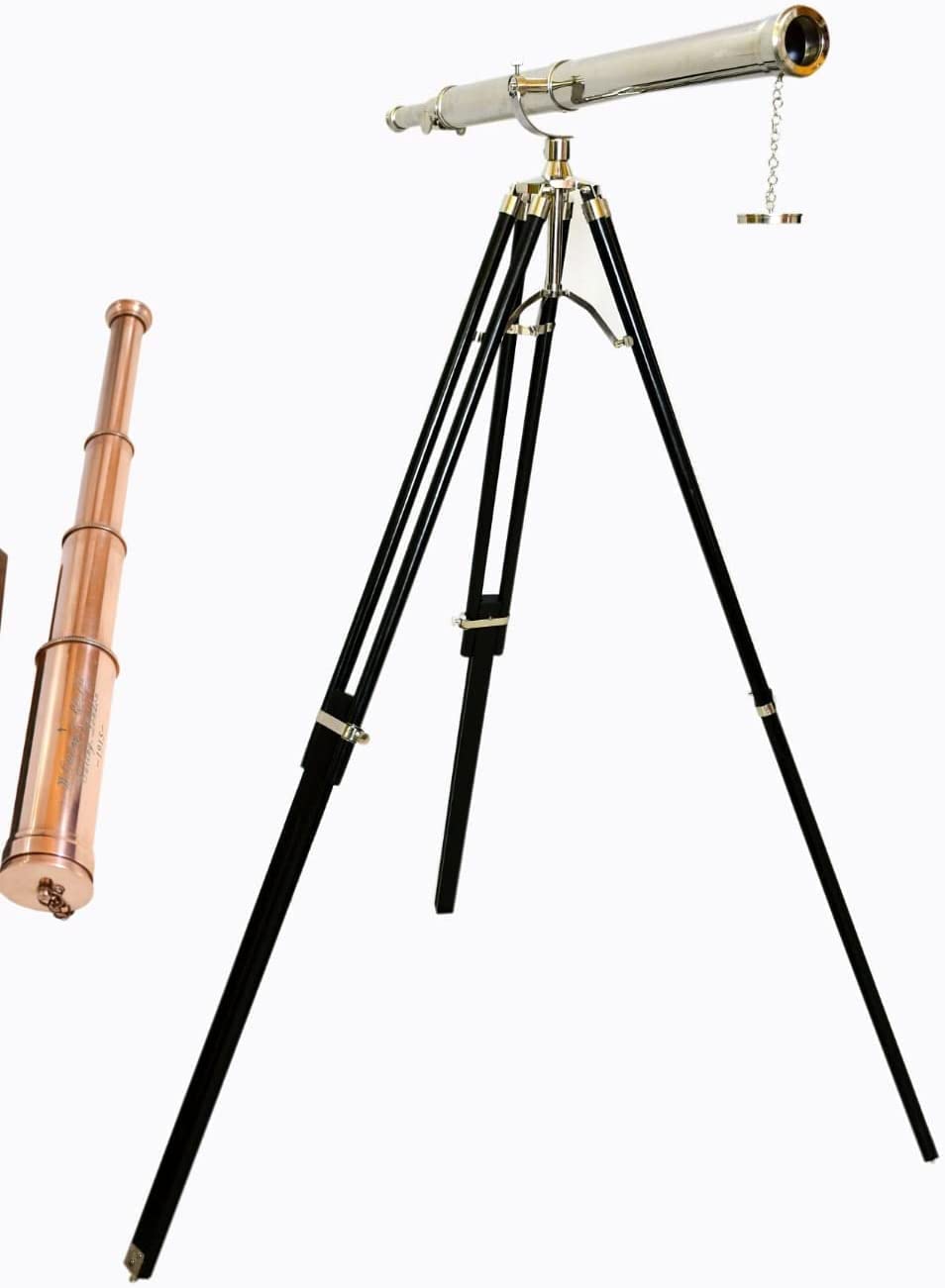 Antiqueex Noutical Styel Brass Telescope Vintage Marine Desige Chrome Single Barrel Wooden Brass Adjustable Tripod Floor Standing Nickel Finish Telescopic