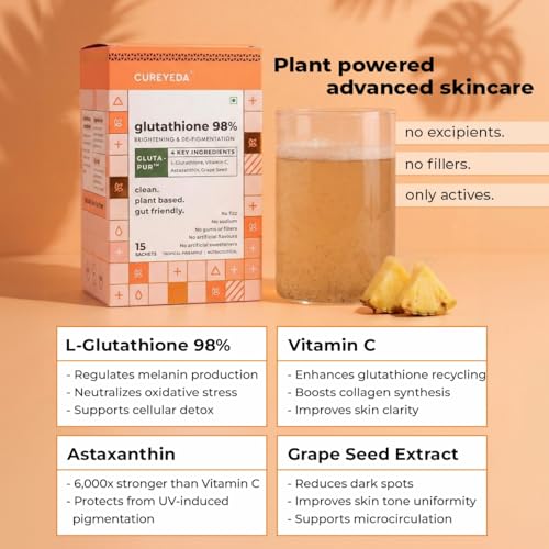 Image of Cureveda Glutathione 98% + pur | High Absorption Powder for Skin Brightening, Anti-Aging & Detox | Naturally Fermented L-Glutathione with Vitamin C, Grape Seed extract & Astaxanthin| 15 Sachets (Pineapple Flavor)
