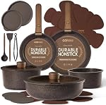 CAROTE 21PCS Pots et casseroles ensemble non-collant avec poignée amovible, Ensembles de cuisine antiadhésive, Kit cuisine, Four/Lavage-vaisselle sans danger, Cuisinière à induction, Brown, RV Pot de cuisine et poêle