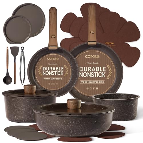 Image of CAROTE 21PCS Pots and Pans Set Non Stick with Detachable Handle, Nonstick Cookware Sets, Cooking Kitchen Set, Oven/Dishwasher Safe, Induction Cookware, Brown, RV Kitchen Pot and Pan