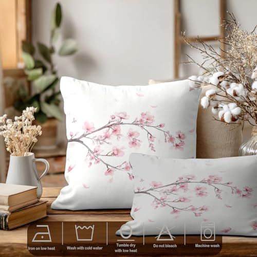 Batmerry Pink Floral Throw Pillow Covers,Pink Branch of Cherry Blossom Flowers Decorative Pillow Covers Digital Printing Blended Fabric for Couch Sofa Bed Invisible Zipper 12X20 in - image 3