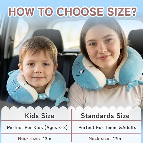 Image of Kids Travel Neck Pillow for Ages 3-8, Memory Foam, Removable Cover, Shark