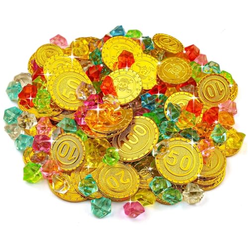 flintronic Monedas Piratas, 240 Piezas Juguetes del Tesoro Pirata para Niños con160 Gemas y 80 Monedas de Oro, Moneda de Juego de Caza del Tesoro Infantiles Adecuado para Fiestas Temáticas Piratas