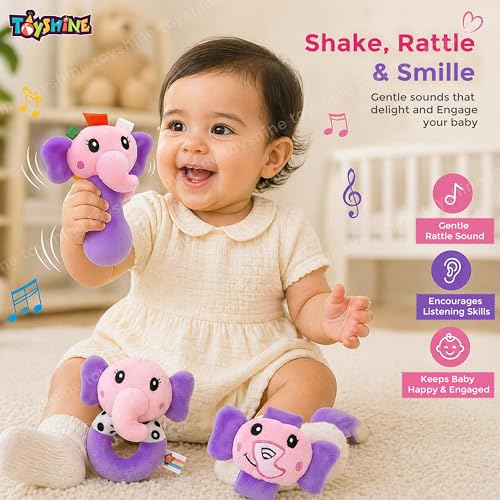 Image of Toyshine Pack of 3 Cute Animal Face Baby Hand Rattles Safe Lightweight and Easy to Hold Soft Stuffed Handy Rattles for Babies Infant Toddlers 6-12 Months - Elephant