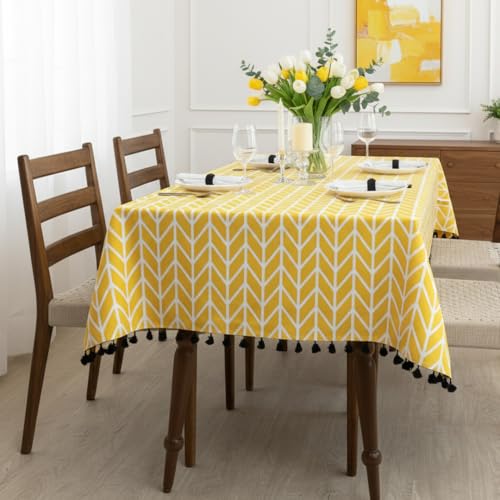 Image of HOMEMONDE Cotton Dining Table Cover 6 Seater Chevron Arrow Printed Table Cloth For Center Table, Rectangular 114 X 233 CM - Yellow