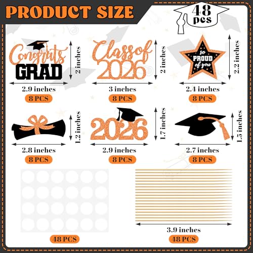 Image of 48 PCS Graduation Cupcake Toppers 2026, 6 Styles Grad Cake Topper, Black and Orange Graduation Decorations, Glittery Cap and Diploma Cake Picks for Congrats Grad Decor Party Supplies