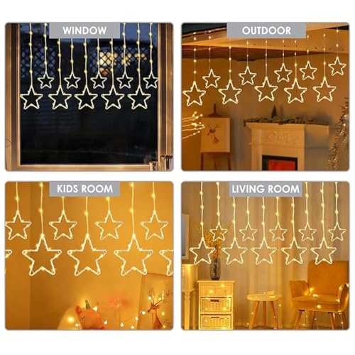 Image of One94Store Fairy Star Curtain String LED Lights, 3 Meter Warm White Plug-in Decorative Curtain with 96 LEDs, 8 Modes and 5+5 Star Design for Home, Festival, Diwali & Wedding Decoration
