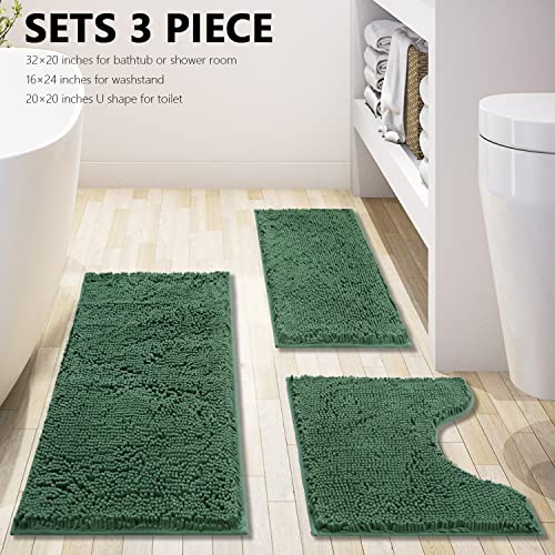 Image of Green Bathroom Rug Chenille 3-Piece Extra Soft and Absorbent Shag Bath Mat Set, Machine Wash Bathroom Rug Set, Strong PVC Non-Slip Underside, Plush Carpet Bath Mat (Dark Green)