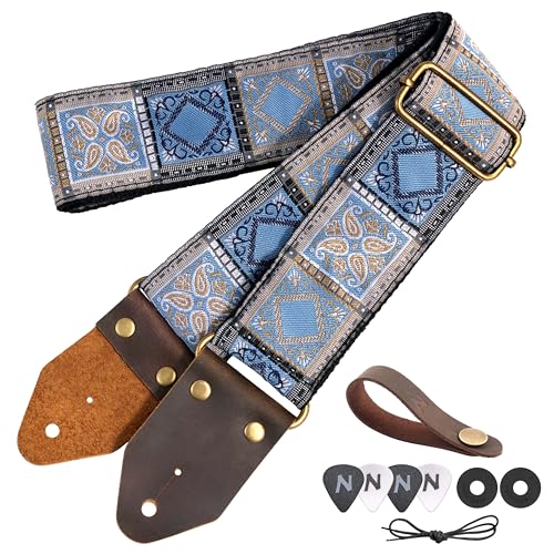 Image of Nefelibata Guitar Strap,Crazy Horse Leather Jacquard Embroidery Cotton Guitar Straps for Bass, Electric & Acoustic, Best Gifts for Guitarists(Boho Light Blue Chequered)