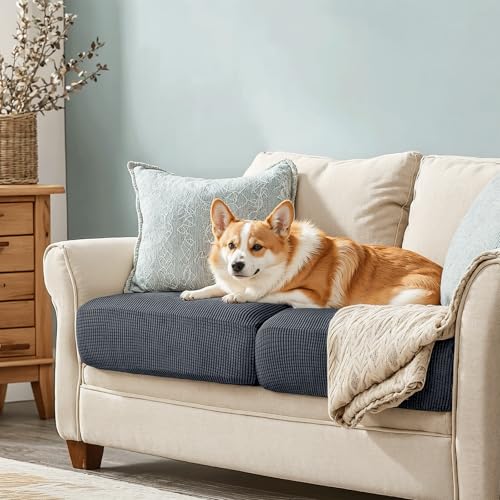Image of CHUN YI Stretch Couch Cushion Cover Replacement, Fitted Loveseat Sofa Chair Seat Slipcover Furniture Protector, Checks Spandex Jacquard Fabric(2,Gray), 2