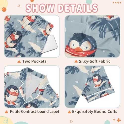 Penguin with Scarf Satin Summer Pajama Sets Silk Short Sleeve Button Down Sleepwear3