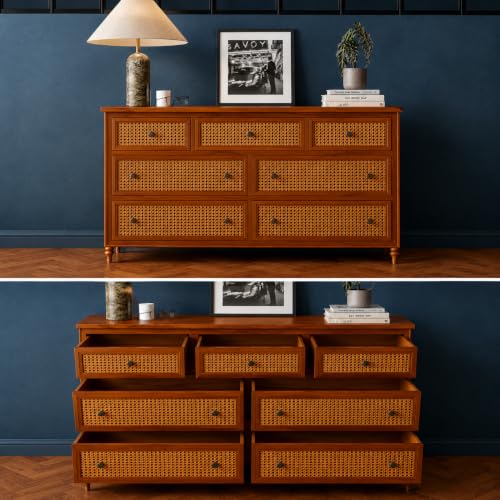 Image of Space Galaxy Solid Sheesham Wood Chest of Drawer with Cane Rattan Fronts | 7 Drawer Storage Cabinet & Closet Drawer Organizer | Bedroom, Living Room & Home Furniture | Natural Finish