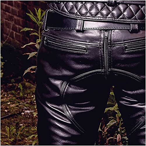AREENO Mens Real Leather Double Zips Bikers Pants BLUF Pants Cowhide Pants Jeans4