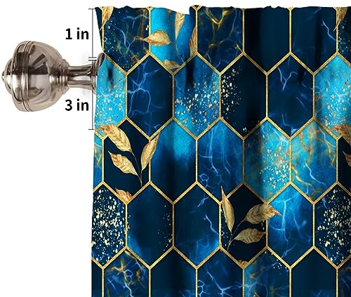 Image of Sky Blue Honeycomb Marble Window Valance Curtain, Abstract Green Marble Hexagon Texture Golden Leaves Window Treatment Valances for Kitchen Living Room Cafe Decor 54'x18', 1 Panel