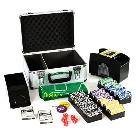 Pokerkoffer Deluxe Pokerset mit 300 Ocean Champion Chips mit viel Zubehör Kartenmischer Kunststoffkarten Kartengeber Spielmatte Poker-Komplettset Black Jack Texas Holdem Cover