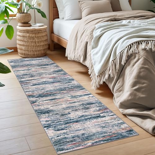 2x6 Teal Blue Peach Gray Multi Modern Abstract Runner Rug for Hallway, Super Soft Hallways Decor Kitchen Rugs with Non-Slip, Non-Shedding Washable Rug for Entryway Bedroom Laundry Indoor