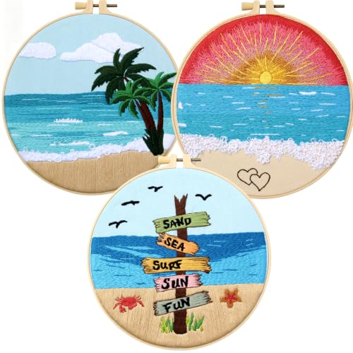Image of Beach Embroidery Kits for Beginners Adults, Coastal Hand Embroidery Set Needlepoint Kits, Sea Sunrise Stamped Cross Stitch Kits for Beginner Adults, 3 Embroidery Hoop, Fabric (Attached Video Tutorial)