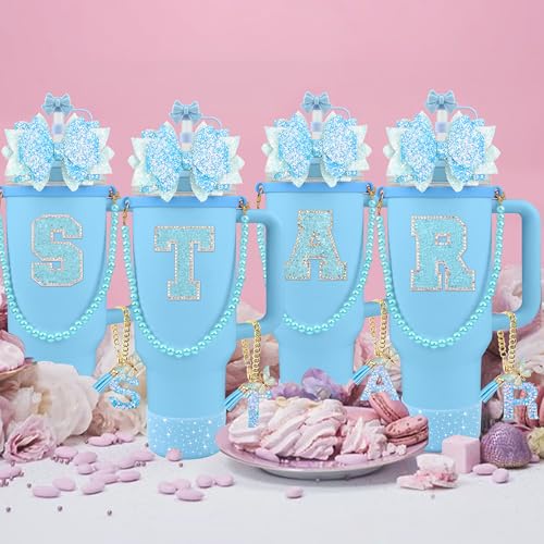 Hpebl 9PCS Blue for Stanley Cup Accessories Set Bling Initials Bow Charms for Stanley Decorations 30/40 Oz Tumbler Accessories Including Bow Straw Topper, Handle Strap, Spill Stopper（Letter A） - image 7