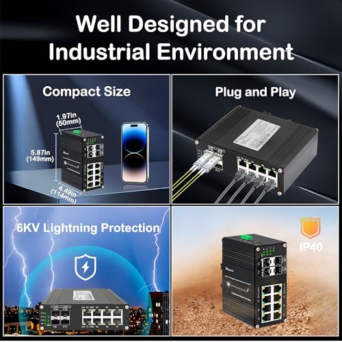 Image of Industrial 12 Port Gigabit Managed PoE Switch, Hardened Din-Rail Network Ethernet Switch, 8 PoE Port @240W + 4 1000Base-X SFP Fiber with 1xUSB-C Console, DC48~57V Input, QoS, VLAN, IGMP