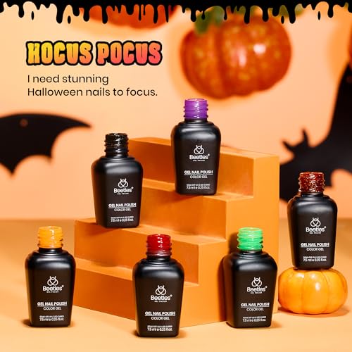 Image of Beetles Gel Nail Polish Set - Hocus Pocus 6 Colors Gel Polish Orange Green Purple Black Red Glitter Colors, Soak Off Nail Lamp UV LED Cured Nail Art Design Manicure Gift for Women