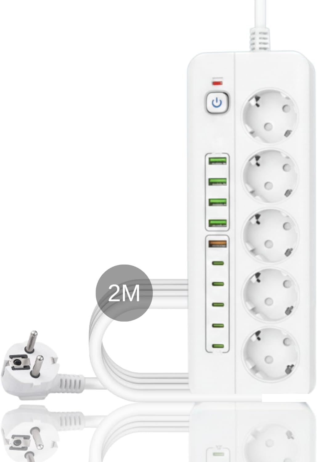 Isıya Dayanıklı Power Tuşlu 5'li Grup Priz 5xusb 5x Type-c Çıkışlı Priz 2 Mt Kablolu