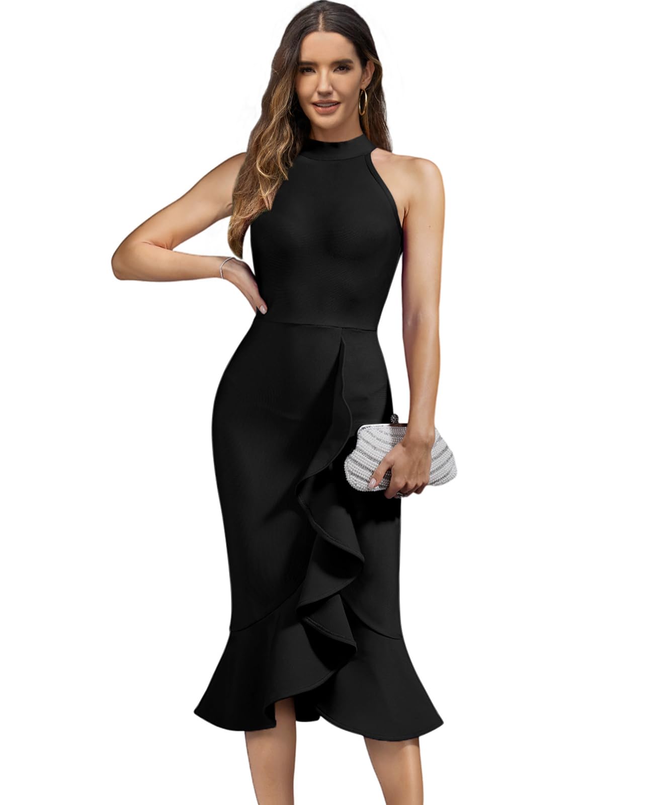 Size XL Maketina Women's Halter Mermaid Bandage Dresses Bodycon Ruffle Party Cocktail Wedding Guest Dress