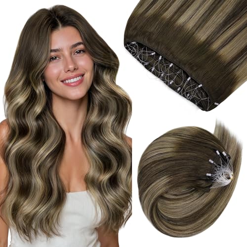 GOO GOO Sew in Hair Extensions Real Human Hair, Micro Beaded Weft Hair Extensions Human Hair, 4/26/4 Balayage Chocolate Brown to Honey Blonde 22 Inch 110g, Natural Volume