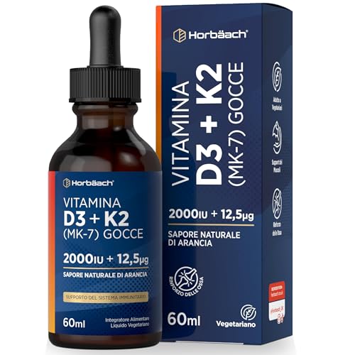 Vitamina D3 K2 Gocce da 60 ml | Vitamina D Colecalciferolo 2000 UI + Vitamina K2 MK7 All-Trans | Alto Dosaggio | Salute delle Ossa e Supporto Immunitario | di Horbaach