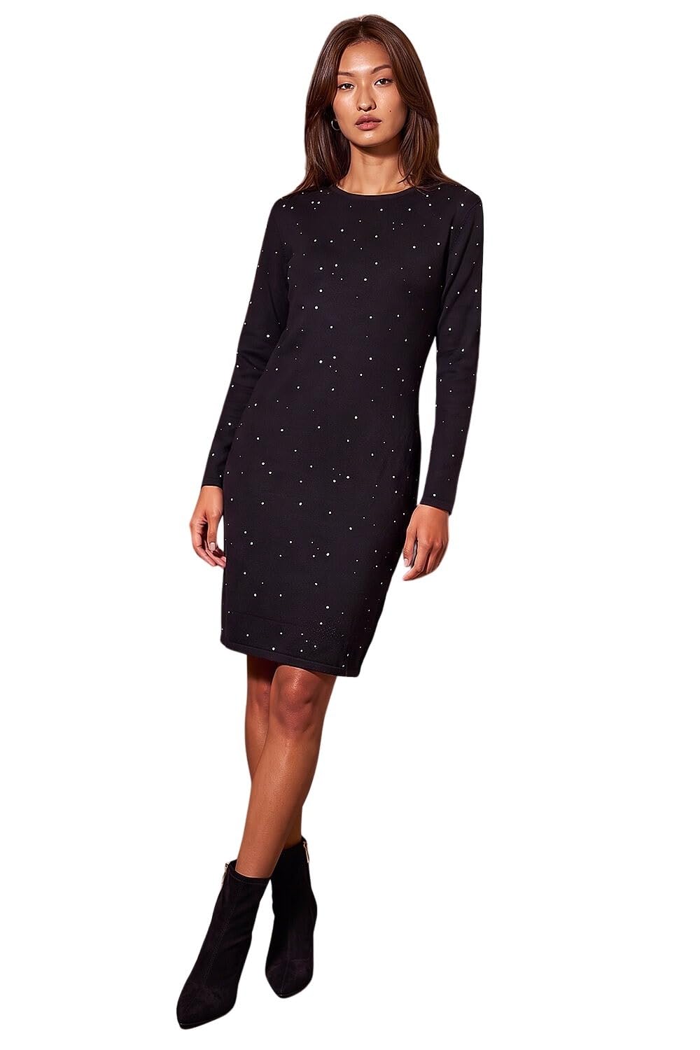 Roman Originals Women's Sparkly Black Knitted Jumper Dress For Uk Stretchy Knit Knitwear Autumn Winter Casual Smart Pull On Work Long Sleeves Slouch Above Knee Short Length - Size 10