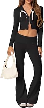 Amazon.com: Women's Ribbed Knit 2Pcs Outfits Long Sleeve Zip