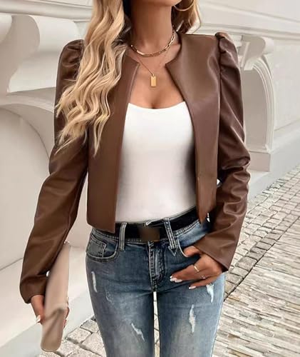SEMATOMALA Women's Puff Sleeve Cropped Jacket Faux Leather Bolero Blazer Long Sleeve Open Front PU Cardigan3