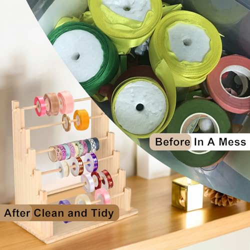 Image of 6 Tier Wooden Ribbon Organizer Rack, Large Capacity Ribbon Holder, Ribbon Spool Holder Stand, Washi Tape Storage Organizer, Wooden Sewing Organizer Display Shelf for Craft Room,Cake Shop,Flower Store
