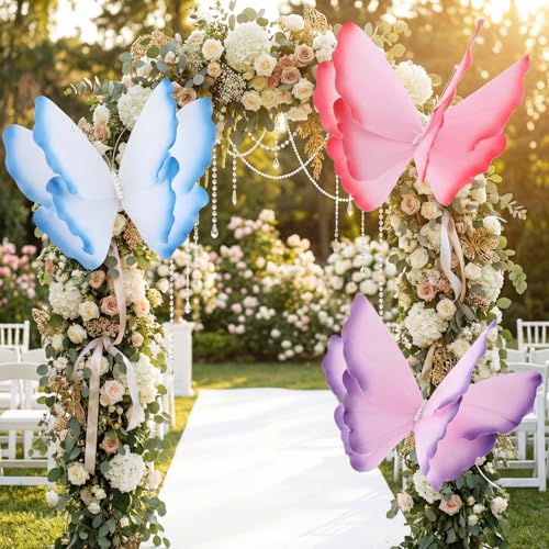 Havawish 3 Pcs Giant Butterfly Decoration Artificial 3D Large Butterflies Prop for Wedding Reception Birthday Garden Banquet Ceremony Church Pink Purple Blue