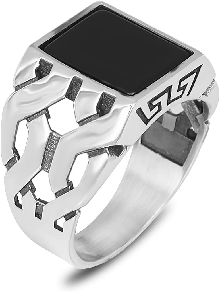 Men’s Silver Plated Steel Square Onyx Ring – Black Stone Signet Ring | Cuban Chain Link Side Design | Modern Stainless Steel Men’s Fashion Jewelry