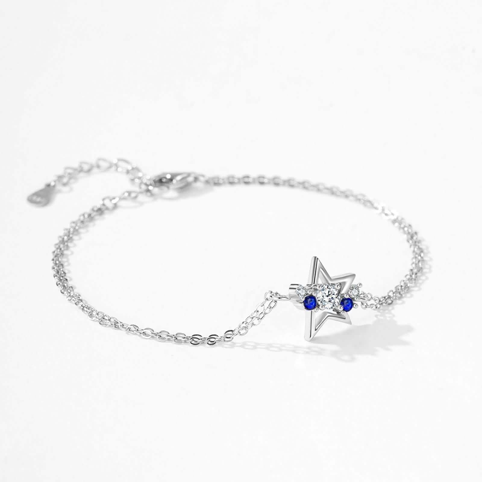 Bracelets en or blanc 9 K/14 K/18 K pour femme, chaîne double couche, bracelet à maillons en forme d'étoile pour femme avec diamant véritable bijoux en or blanc, au 375/585/750 avec saphir