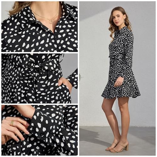 Image of Women's Long Sleeve Button Up Midi Belt Shift Collar Dress with Pockets for Work Office Business