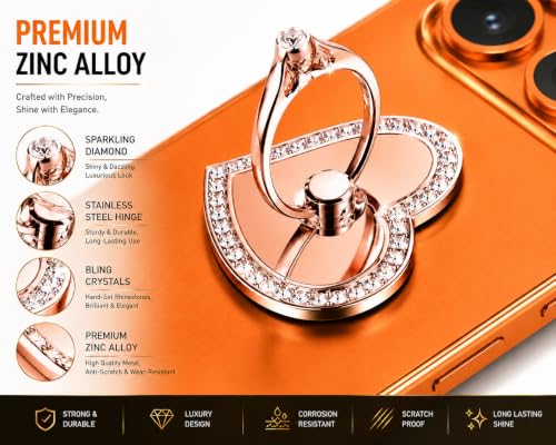 Image of Mizi 2Pack Bling Heart Phone Ring Holder Stand, 360 Rotating & 180 Foldable Finger Grip Kickstand-Strong 3M Adhesive, Zinc Alloy Phone Ring-Smartphones & Tablets, Sparkly Diamond Design - Rose Gold