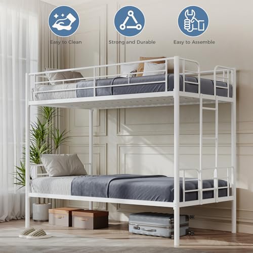 Image of DUMOS Metal Bunk Bed Frame Twin Over Twin Size with Ladder and Guardrail, Sturdy Heavy Duty Slats Support Bed, Space Saving, No Box Spring Needed, White
