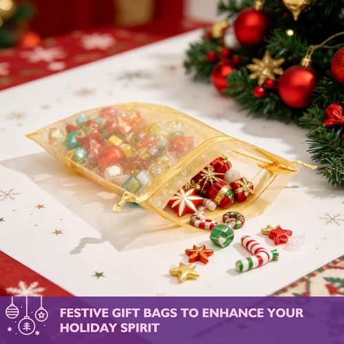 Image of PACKINNO 100pcs Gold Organza Bags, Sheer Organza Bags 4x6 Inch, Small Mesh Bag, Drawstring Gift Bags for Party, Jewelry, Candy, Christmas, Festival, Bathroom Soaps, Makeup