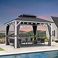 PURPLE LEAF 10' X 12' Gazebo White Aluminum Frame Galvanized Double Roof Hardtop Gazebo Curtains and Netting Included with String Lights for Garden Deck Lawns and Backyard, Grey