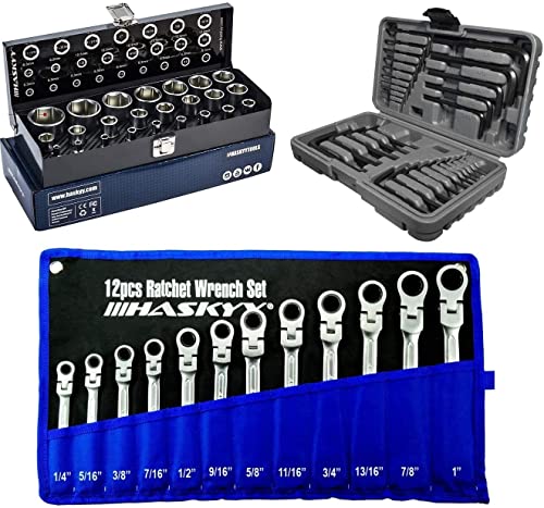 Jeu de 30 clés Allen métriques et en pouces avec jeu de 12 clés mixtes à cliquet articulé et tête droite de 1/4' à 1' et jeu de douilles en pouces