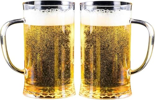 Komost 24oz Plastic Beer Mugs with Handle Set of 2, Reusable Clear Beer Stein Drinking Cups for Party Bar Home Hotel - Perfect for Whiskey Juice Cocktail Beverages
