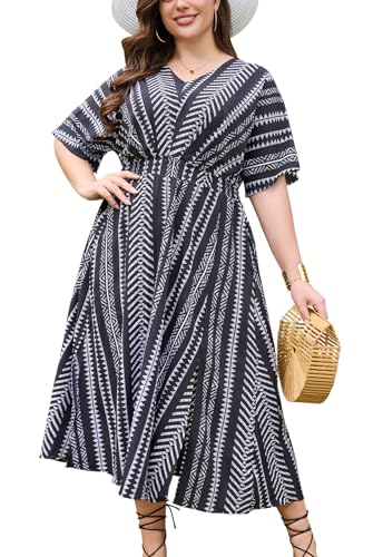 Image of Keluummi Plus Size Summer Wedding Guest Maxi Dresses for Curvy Women, Casual Floral 3 /4 Sleeve Emipre Waist V Neck Long Dress